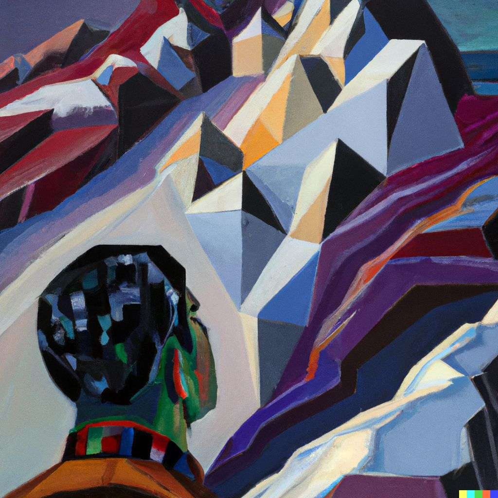 someone gazing at Mount Everest, painting, cubism style
